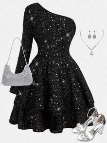 Girlism Tween Girls' Black Mesh Sequin Embellished Elegant Casual Long Sleeve Dress - Black - View 1