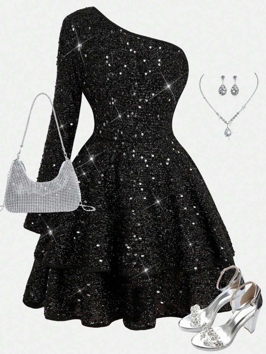 Girlism Tween Girls' Black Mesh Sequin Embellished Elegant Casual Long Sleeve Dress - Black - View 1