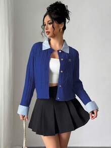 Rafferiza Fashionable Blogger-Inspired 2 In 1 Patchwork Knit Cropped Cardigan, European And American Style - Royal Blue - View 3