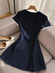 SHEIN Elegant & Fashionable Color Block V-Neck Waist Flared Mini Dress For Women - Royal Blue - View 2