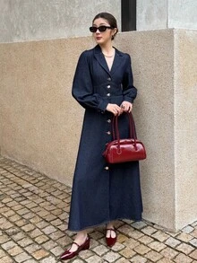 K-Vae Women's Autumn And Winter Suit Collar Long Breasted Denim Dress, Old Money Style Dress, Elegant And Noble Party Dress,New Year's Wear - Dark Wash - View 4