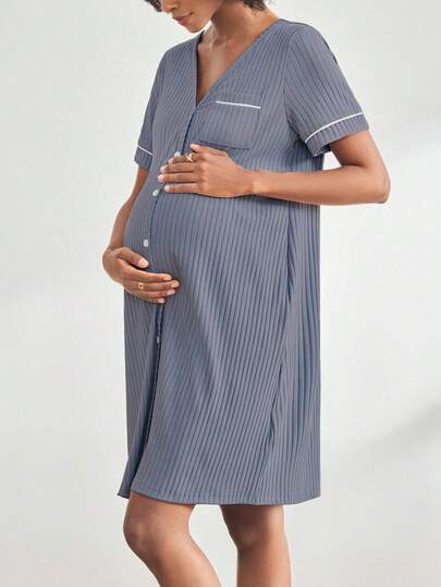 BloomMama Maternity Short Sleeve Ribbed Nursing Nightgown Button, Loungewear Sleepwear Pajama Dress Sleep Shirt view 5