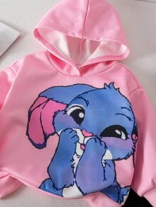 可爱卡通图案针织连帽衫套装，秋冬季休闲女婴服装，带帽动漫女婴服装，史迪奇图案女童服装 - 白色 - 查看 3