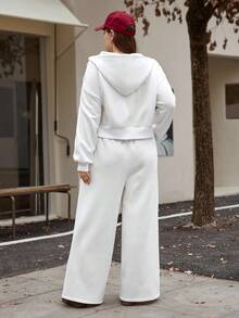 Calvaya Plus Size Casual Solid Color Short Hoodie And Wide Leg Pants Set - White - View 2