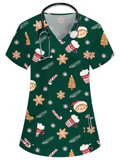 PopScrub Christmas V-Neck Short Sleeve Double Pocket Cute Christmas Icon, Kids, Santa Hat, Christmas Tree, Snowflake, Gingerbread Man, Candy Cane Cartoon Print Nurse/Doctor Work Uniform Scrub Top/ Examination Surgical Uniform/Women Solid Color Pet Grooming Work Uniform Top/Nutritionist Work Uniform Short Sleeve/Multi-Pocket Functional Lab Work Uniform, Functional Women's Holiday, Christmas Tops, Christmas Decor, Adorable, Joyful
