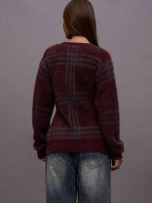 MUSERA Flauschige gestrickte karierte oversized V-Ausschnitt Strickjacke für Herbst, Winter, Abende, Ausgehen, Streetwear, süß, sexy, ungeschnitten, elegant, Abendparty, Weihnachten, Neujahr, Erntedankfest