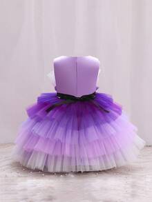 SHEIN Glamorique Kids 年轻女孩蛋糕薄纱蝴蝶结婚礼花童礼服、女主人派对礼服