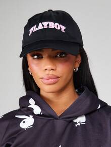 Missguided x Playboy Baseball Cap With Embroidered Logo Text Arc Design Adjustable Classic Dad Hat - Black - View 1