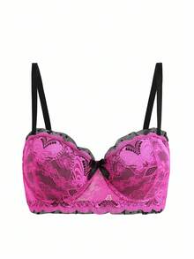 SHEIN 1pc Lace Patchwork Butterfly Decor Underwire Padded Bralette For Women - Hot Pink - View 10