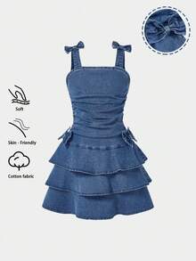 Girls' Casual Comfortable Soft Washed Denim Dress With Bowknot Decor, Elastic Waist Patchwork Flared Hem Long Dress, Lightweight Summer