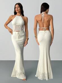 SHEIN Tall Women's Solid Color Backless Halter Top And Mermaid Hem Skirt Bodycon Sexy 2 Pieces Set - Beige - View 8