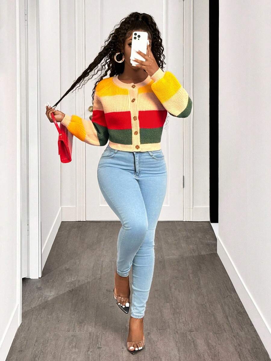 SHEIN BamGlam Women's Fashion Casual Colorblock Short Knit Sweater - Apricot - View 1