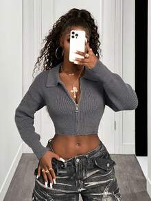 SHEIN BamGlam 女士时尚纯色短款开衫，秋季 - 深灰色 - 查看 4