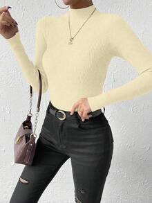 Almamuse Women's Solid Color Turtleneck Long Sleeve Fitted Sweater, Autumn/Winter - Champagne - View 6