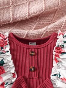 SHEIN 女婴碎花荷叶边连体衣 - 紅色 - 查看 7