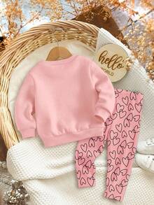 SHEIN Happikins 柔雾粉色，可爱爱心印花，女婴休闲简约柔软加厚舒适圆领长袖卫衣和打底裤套装，适合秋冬季日常穿着、居家、舒适季节、秋冬季外出穿搭，轻松舒适，秋冬季女婴叠穿，时尚女婴，休闲装，女婴图案服装，秋冬服装，圣诞节服装，别致秋季，秋季新款，返校季，冬季时尚