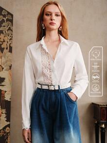 Arave 女式 100% 纯棉休闲宽松衬衫，肩部和袖子饰有花卉蕾丝花边 - 米色 - 查看 6