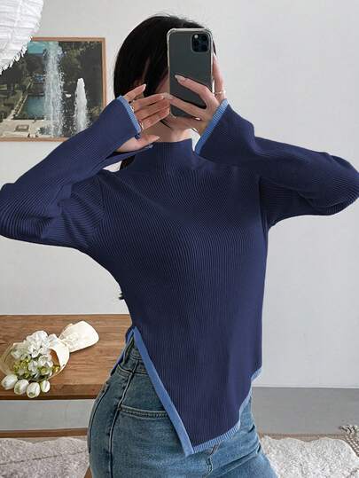 DAZY Suéter casual de mujer con mangas acampanadas y abertura asimétrica, contraste de color, otoño