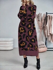 EMERY ROSE 女式休闲豹纹高领长袖针织毛衣裙，秋冬 - 彩色 - 查看 3