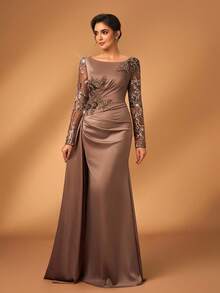 Serin Đầm dạ hội dài tay dáng đuôi cá sang trọng, thanh lịch với họa tiết ren thêu phối ren, chất liệu satin co giãn, xếp ly và voan mỏng, thích hợp cho đám cưới, tiệc tùng, kỳ nghỉ, dạ hội, váy dạ hội cho mẹ cô dâu, ngày Valentine. - Cà phê nâu - Xem 4
