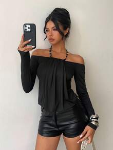 Aloruh Women's Fashion Commuter Rivet Decor Cold Shoulder Halter Top, Fall Autumn Back To School Homecoming Rave Festival Country Concert Ibiza - Black - View 2