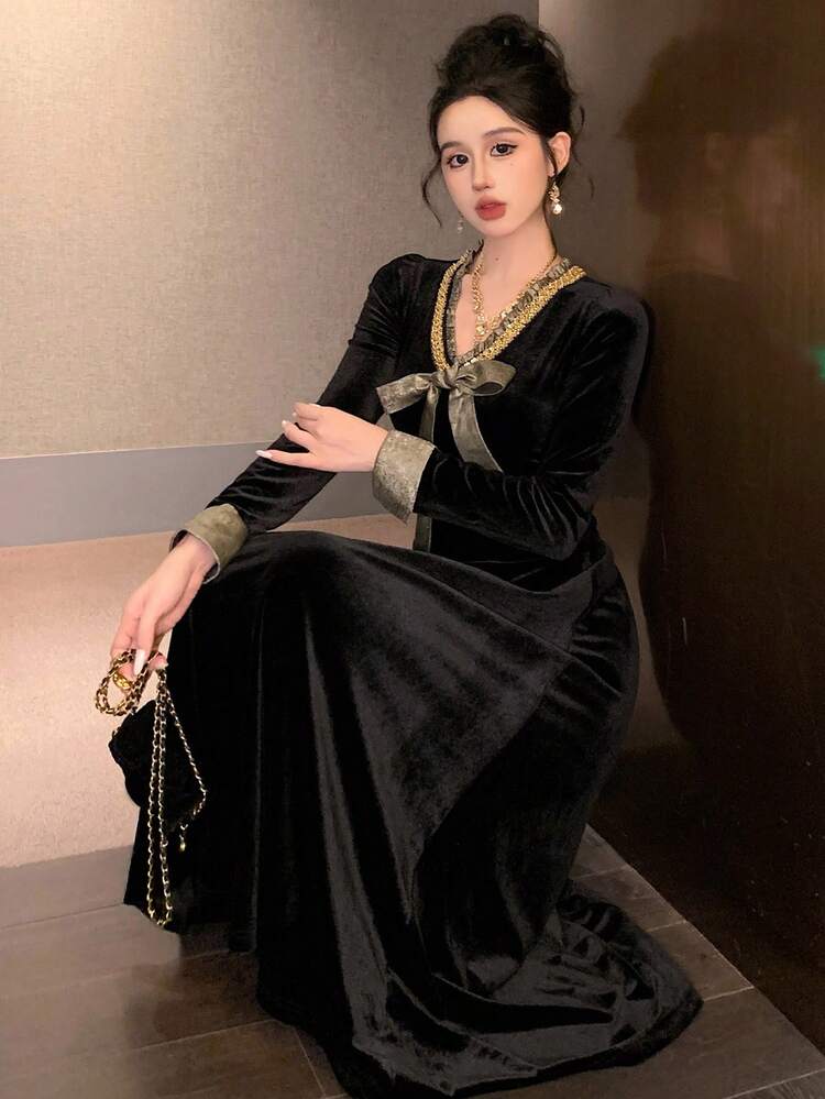 Velvet Business Casual Elegant V-Neck Contrast Color Lace Trim Gold Sequin Beaded Party Dress, Suitable For New Year, Christmas, Wedding, Banquet, Ball Gown With Ribbon Tie, Autumn/Winter