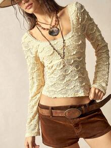 Bohemela 奶油黄色针织圆领长袖修身短款上衣，适合冬季、万圣节、圣诞节休闲穿着 - 黃色 - 查看 3