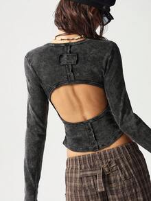 Bohemela Áo thun cổ tròn dệt kim màu trơn thường ngày dành cho nữ, tay dài - màu đen - Xem 7