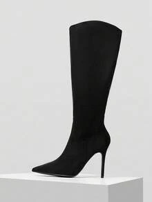 Mnmlis Botas altas elegantes de cuero patentado rojo vino con hebilla de metal, tacones altos delgados