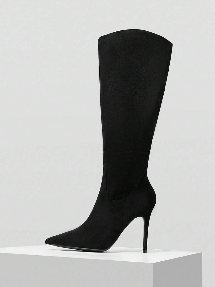 Mnmlis Botas altas elegantes de cuero patentado rojo vino con hebilla de metal, tacones altos delgados