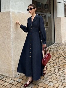K-Vae Women's Autumn And Winter Suit Collar Long Breasted Denim Dress, Old Money Style Dress, Elegant And Noble Party Dress,New Year's Wear - Dark Wash - View 3