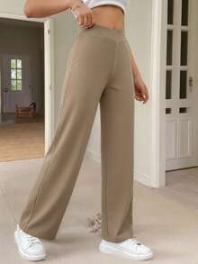 SHEIN Frenchy 女士休闲优雅腰部扭纹修身直筒裤 - 卡其色 - 查看 4