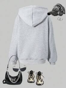 Tween Girls Casual Chic High-Quality Letter Graphic Stand Collar Zip-Up Sweatshirt, Warm & Comfortable For Daily, School, Street Wear, Spring/Autumn/Winter - Light Grey - View 2