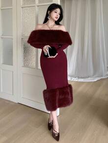 Feyla 女式时尚优雅毛绒拼布露肩针织连衣裙 - 酒紅色 - 查看 6