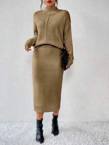 SHEIN 2件套：休闲立领长袖上衣和优雅针织裙 - 卡其色 - 查看 4
