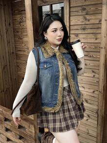 Rivivi 冬季加大码女式无袖牛仔外套，复古水洗牛仔布设计，饰有人造毛皮边饰，秋冬季女式冬装外套 - 深色水洗藍 - 查看 5