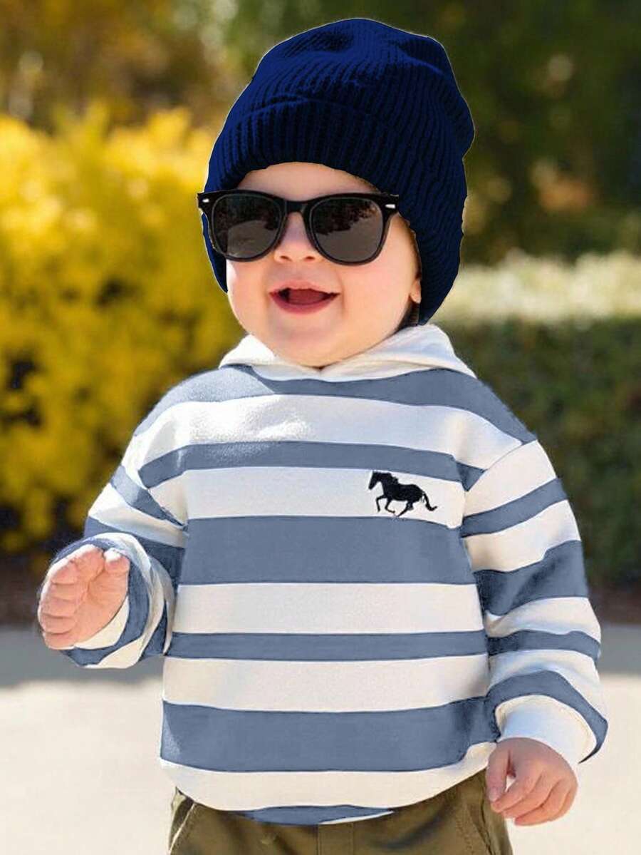 SHEIN Young Boy Striped Horse Sweatshirt - Classic Navy White Animal Print Sweatshirt, Cozy Pullover, Fall Fashion 2025 - Multicolor - View 1