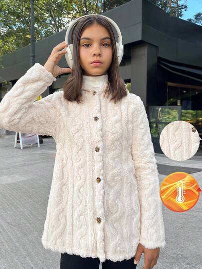 SHEIN 青少年女孩蓬松连帽夹克，舒适腰部收紧休闲日常时尚百搭外套秋冬女孩服装