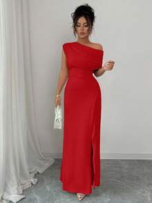 Elenzga 女士优雅时尚通勤休闲舒适迷人度假温柔淑女简约高端假日无袖斜肩收腰紧身侧开衩纯色长裙 - 紅色 - 查看 3