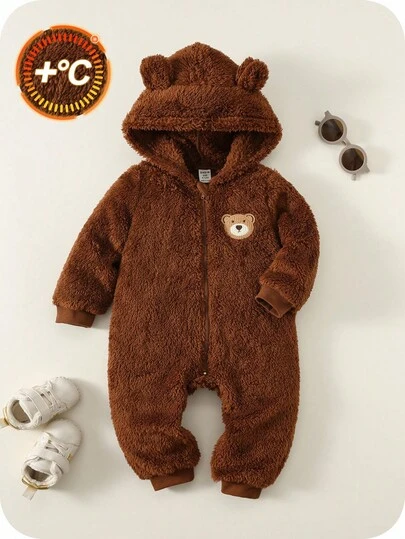 SHEIN Newborn Baby Unisex Cute Brown Cartoon Bear Hooded Jumpsuit, Autumn/Winter Baby Clothes