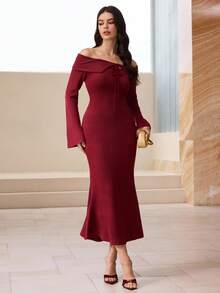 Modelyn Elegante vestido midi de manga larga con cuello, cintura anudada y bajo de cola de pez de punto para mujeres - Rojo - Ver 3