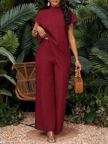 SHEIN Lady 女式纯色立领不对称下摆蝙蝠袖衬衫和阔腿裤休闲两件套 - 酒紅色 - 查看 7
