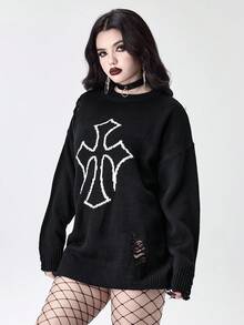 ROMWE Goth Suéter oversize con jacquard de cruz gótica desgastado - Negro - Ver 4