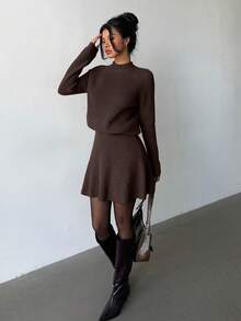 Elenzga Women Loose Casual Round Neck Textured Top And Pleated Skirt 2 Pieces Set - Coffee Brown - View 3