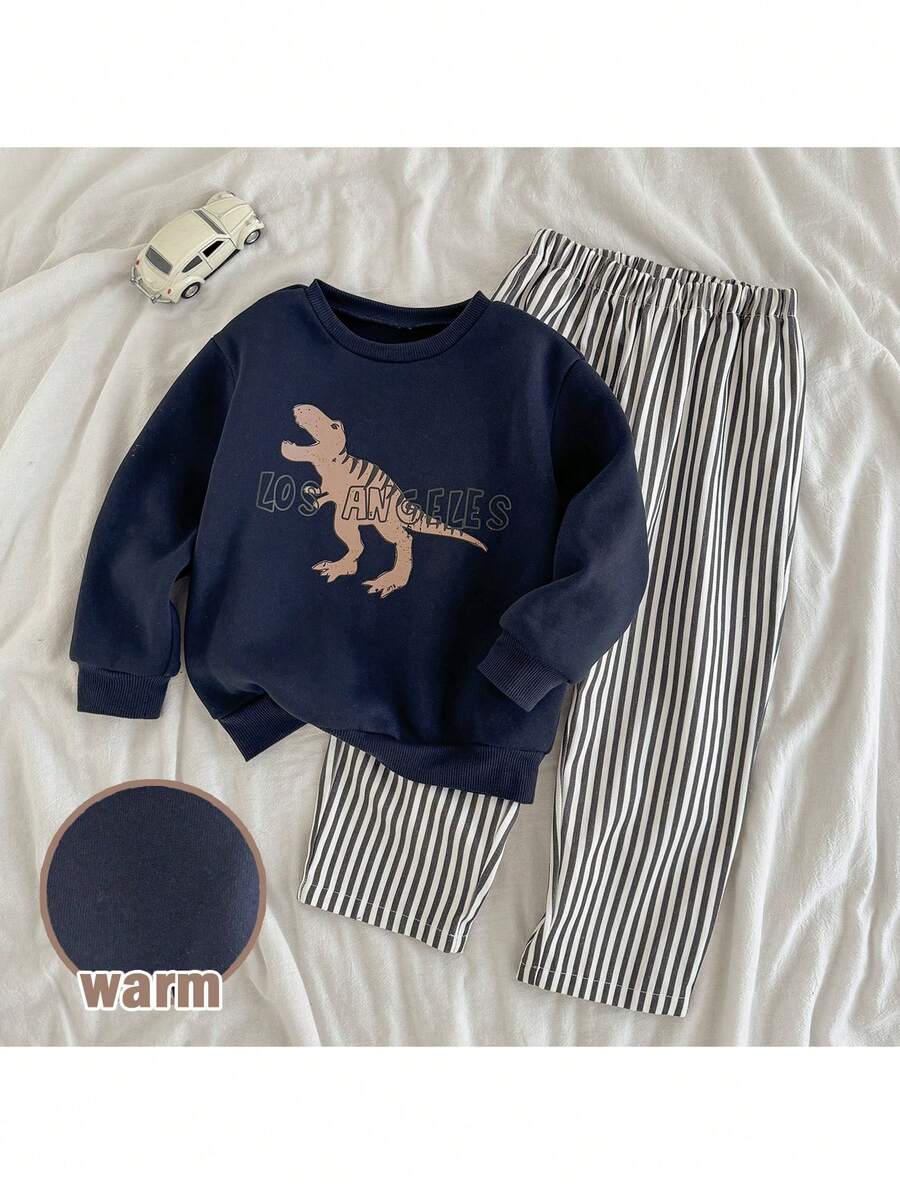 Loomiva 2件套小男孩卡通动物印花柔软针织圆领长袖套头衫和松紧腰裤 - 彩色 - 查看 1