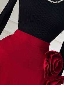 SHEIN Clasi Eleganter A-Linien-Rock in Große Größen mit 3D-Blumendekoration - Bordeaux - Übersicht 6