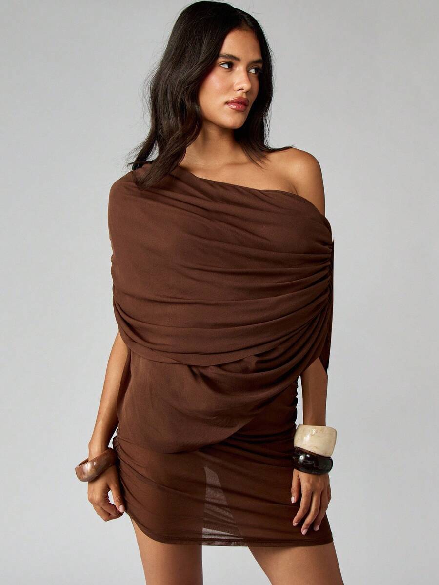 one shoulder brown mini dress Party with Passion Brown One-Shoulder Ruched Mini Dress
