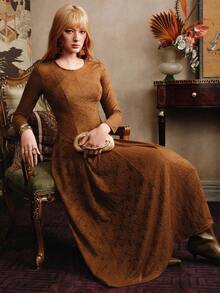 Revavyn 女士针织提花面料圆领长袖褶皱喇叭下摆连衣裙，修身，适合通勤，度假，浪漫约会，时尚，优雅，法式风格，迷人，新款秋季咖啡色长裙 - 咖啡 - 查看 7