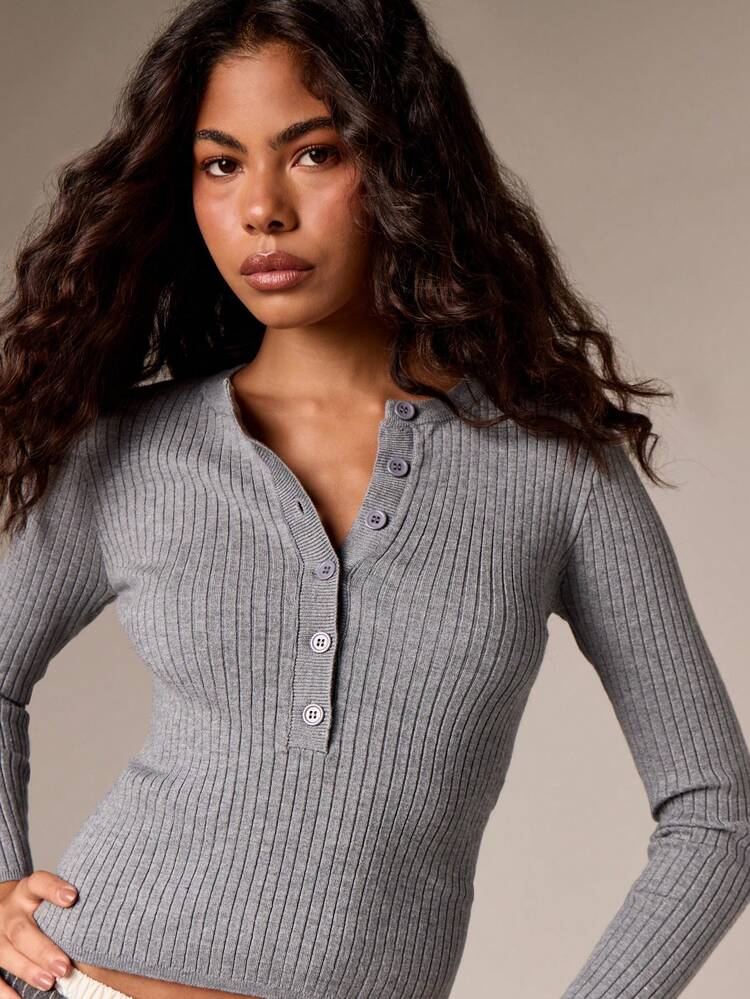 Ribbed Button Front Henley Cropped Sweater
