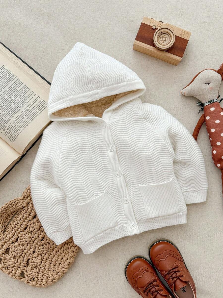 Blossori Baby Girls' French Elegant Floral Knit Long Sleeve Hooded Cardigan - White - View 1